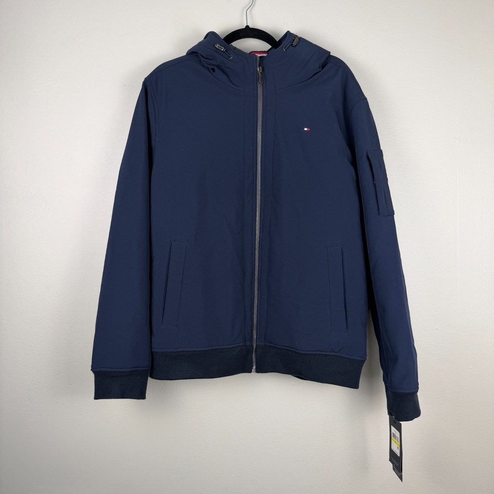 Tommy‎ Hilfiger Bomber Jacket Men's Medium Navy Blue Soft Shell Hooded Full Zip